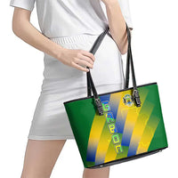 Gabon Flag Colors Leather Tote Bag with National Coat of Arms and Vertical Text Design
