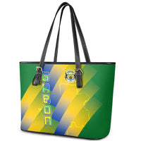 Gabon Flag Colors Leather Tote Bag with National Coat of Arms and Vertical Text Design
