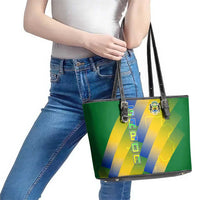 Gabon Flag Colors Leather Tote Bag with National Coat of Arms and Vertical Text Design