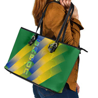 Gabon Flag Colors Leather Tote Bag with National Coat of Arms and Vertical Text Design