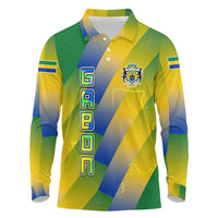 Gabon Flag Colors Long Sleeve Polo Shirt with National Coat of Arms and Vertical Text Design