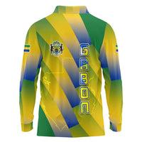 Gabon Flag Colors Long Sleeve Polo Shirt with National Coat of Arms and Vertical Text Design