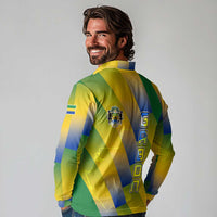 Gabon Flag Colors Long Sleeve Polo Shirt with National Coat of Arms and Vertical Text Design