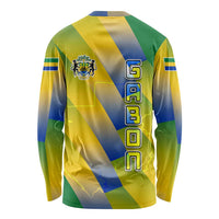 Gabon Flag Colors Long Sleeve Shirt with National Coat of Arms and Vertical Text Design