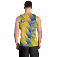 Gabon Flag Colors Men Tank Top with National Coat of Arms and Vertical Text Design