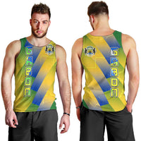 Gabon Flag Colors Men Tank Top with National Coat of Arms and Vertical Text Design