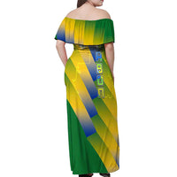 Gabon Flag Colors Off Shoulder Maxi Dress with National Coat of Arms and Vertical Text Design