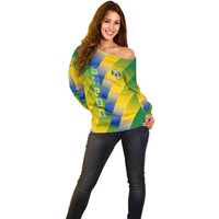 Gabon Flag Colors Off Shoulder Sweater with National Coat of Arms and Vertical Text Design