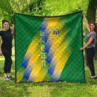 Gabon Flag Colors Quilt with National Coat of Arms and Vertical Text Design