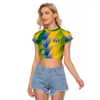 Gabon Flag Colors Raglan Cropped T Shirt with National Coat of Arms and Vertical Text Design