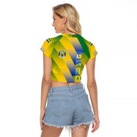 Gabon Flag Colors Raglan Cropped T Shirt with National Coat of Arms and Vertical Text Design