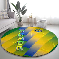 Gabon Flag Colors Round Carpet with National Coat of Arms and Vertical Text Design