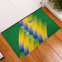 Gabon Flag Colors Rubber Doormat with National Coat of Arms and Vertical Text Design