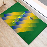 Gabon Flag Colors Rubber Doormat with National Coat of Arms and Vertical Text Design