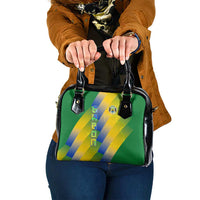 Gabon Flag Colors Shoulder Handbag with National Coat of Arms and Vertical Text Design