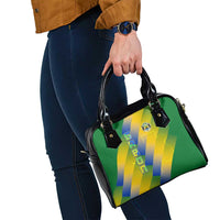 Gabon Flag Colors Shoulder Handbag with National Coat of Arms and Vertical Text Design