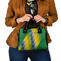 Gabon Flag Colors Shoulder Handbag with National Coat of Arms and Vertical Text Design