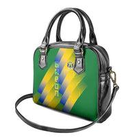 Gabon Flag Colors Shoulder Handbag with National Coat of Arms and Vertical Text Design