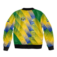 Gabon Flag Colors Sleeve Zip Bomber Jacket with National Coat of Arms and Vertical Text Design