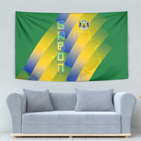 Gabon Flag Colors Tapestry with National Coat of Arms and Vertical Text Design