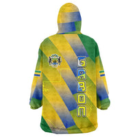Gabon Flag Colors Wearable Blanket Hoodie with National Coat of Arms and Vertical Text Design