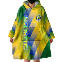 Gabon Flag Colors Wearable Blanket Hoodie with National Coat of Arms and Vertical Text Design