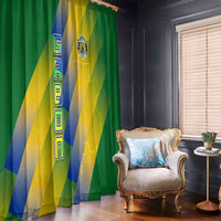 Gabon Flag Colors Window Curtain with National Coat of Arms and Vertical Text Design
