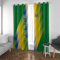Gabon Flag Colors Window Curtain with National Coat of Arms and Vertical Text Design