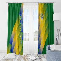 Gabon Flag Colors Window Curtain with National Coat of Arms and Vertical Text Design