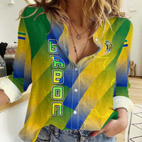 Gabon Flag Colors Women Casual Shirt with National Coat of Arms and Vertical Text Design