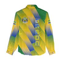 Gabon Flag Colors Women Casual Shirt with National Coat of Arms and Vertical Text Design