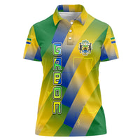 Gabon Flag Colors Women Polo Shirt with National Coat of Arms and Vertical Text Design