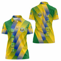 Gabon Flag Colors Women Polo Shirt with National Coat of Arms and Vertical Text Design