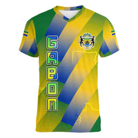 Gabon Flag Colors Women V-Neck T-Shirt with National Coat of Arms and Vertical Text Design