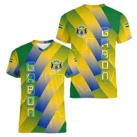 Gabon Flag Colors Women V-Neck T-Shirt with National Coat of Arms and Vertical Text Design
