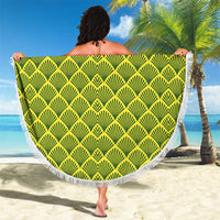 Gabon Tribal Pattern Beach Blanket with National Flag Colors and Bold Text Design