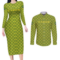 Gabon Tribal Pattern Couples Matching Long Sleeve Bodycon Dress and Long Sleeve Button Shirt with National Flag Colors and Bold Text Design