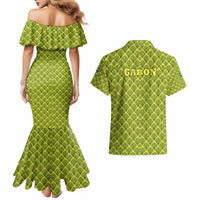 Gabon Tribal Pattern Couples Matching Mermaid Dress and Hawaiian Shirt with National Flag Colors and Bold Text Design