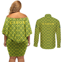 Gabon Tribal Pattern Couples Matching Off Shoulder Short Dress and Long Sleeve Button Shirt with National Flag Colors and Bold Text Design