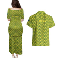 Gabon Tribal Pattern Couples Matching Puletasi and Hawaiian Shirt with National Flag Colors and Bold Text Design