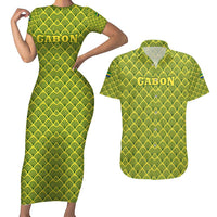 Gabon Tribal Pattern Couples Matching Short Sleeve Bodycon Dress and Hawaiian Shirt with National Flag Colors and Bold Text Design