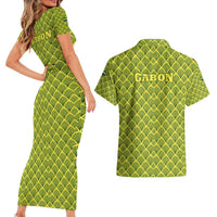 Gabon Tribal Pattern Couples Matching Short Sleeve Bodycon Dress and Hawaiian Shirt with National Flag Colors and Bold Text Design