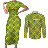 Gabon Tribal Pattern Couples Matching Short Sleeve Bodycon Dress and Long Sleeve Button Shirt with National Flag Colors and Bold Text Design