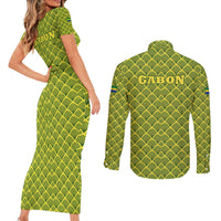 Gabon Tribal Pattern Couples Matching Short Sleeve Bodycon Dress and Long Sleeve Button Shirt with National Flag Colors and Bold Text Design