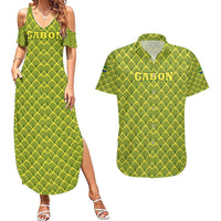 Gabon Tribal Pattern Couples Matching Summer Maxi Dress and Hawaiian Shirt with National Flag Colors and Bold Text Design