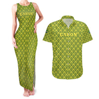 Gabon Tribal Pattern Couples Matching Tank Maxi Dress and Hawaiian Shirt with National Flag Colors and Bold Text Design