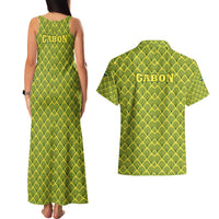 Gabon Tribal Pattern Couples Matching Tank Maxi Dress and Hawaiian Shirt with National Flag Colors and Bold Text Design