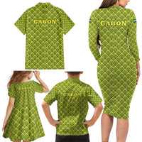 Gabon Tribal Pattern Family Matching Long Sleeve Bodycon Dress and Hawaiian Shirt with National Flag Colors and Bold Text Design