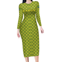 Gabon Tribal Pattern Family Matching Long Sleeve Bodycon Dress and Hawaiian Shirt with National Flag Colors and Bold Text Design