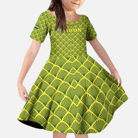 Gabon Tribal Pattern Family Matching Mermaid Dress and Hawaiian Shirt with National Flag Colors and Bold Text Design